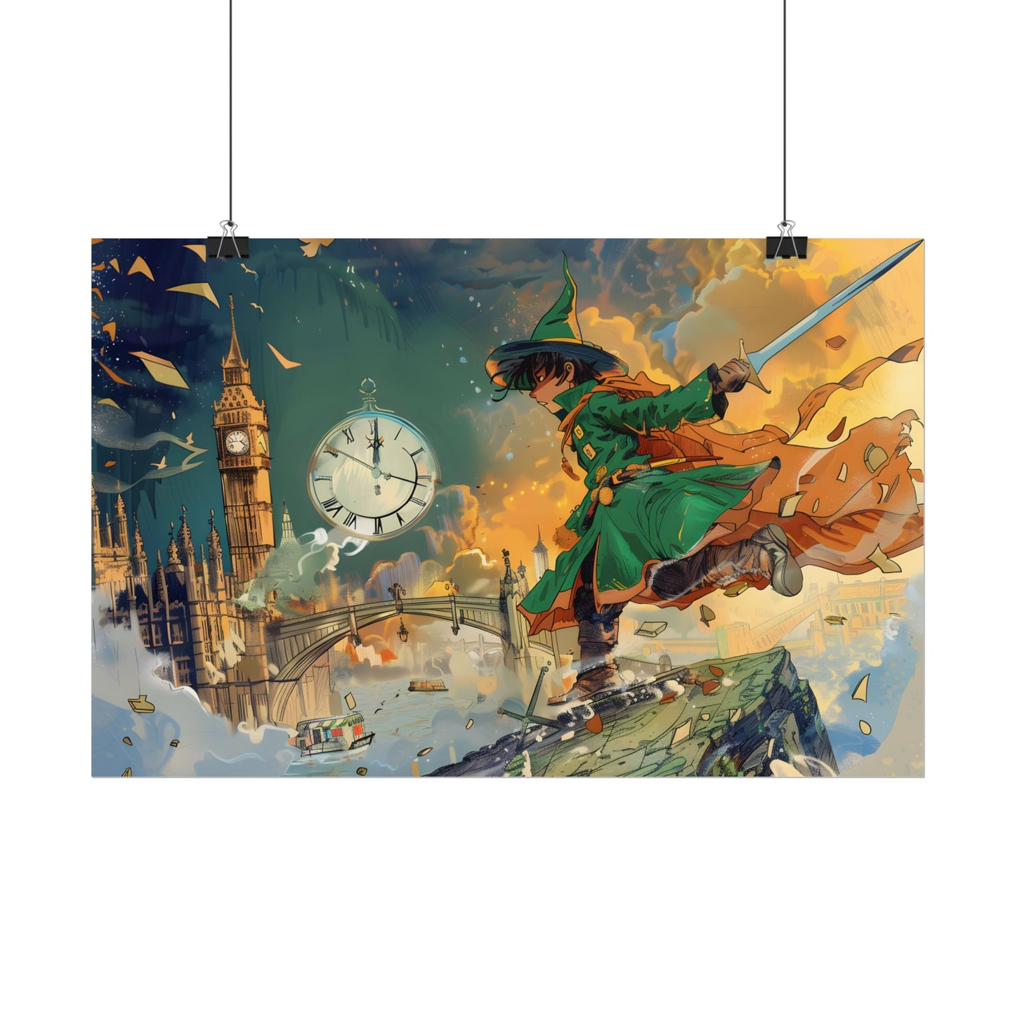 Whimsical Green Tunic Boy: Mischievous Illustration - Poster