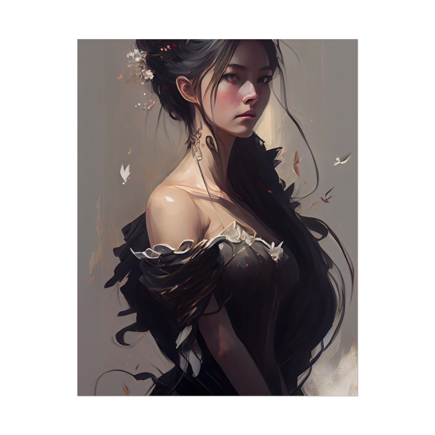 Elegant Black Hair Portrait: Beautiful Female in Dress Art - Poster