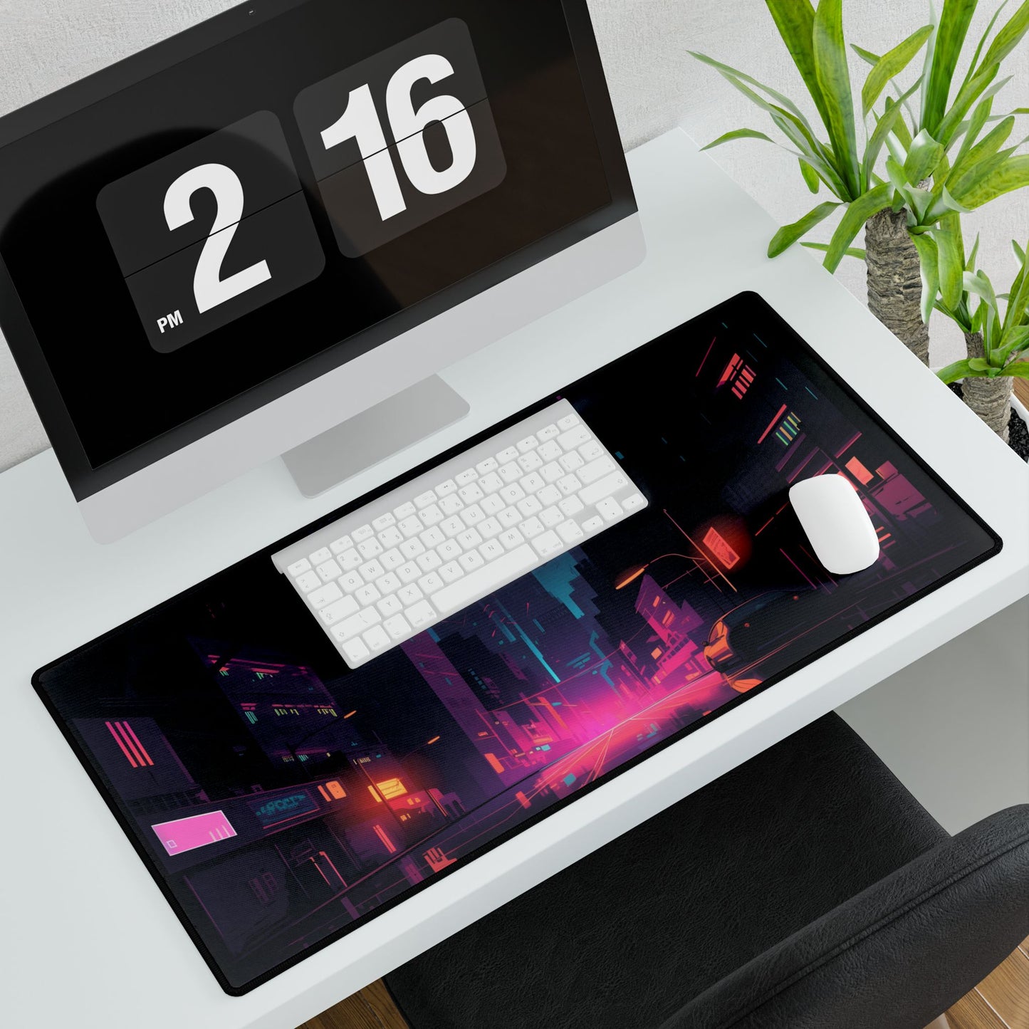 Cyberpunk Night: Moody Cityscape with Unique Architecture - Desk Mat