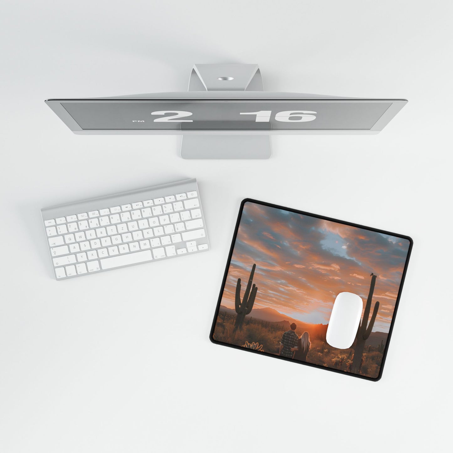 Warm Embrace Under Desert Sunset: People Standing Together in Golden Hour - Desk Mat