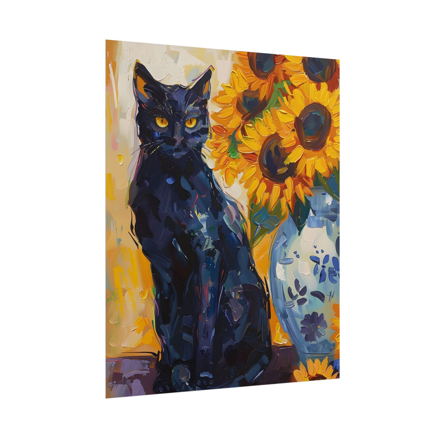 Whiskers by Sunshine: Black Cat in a Blooming Garden - Poster