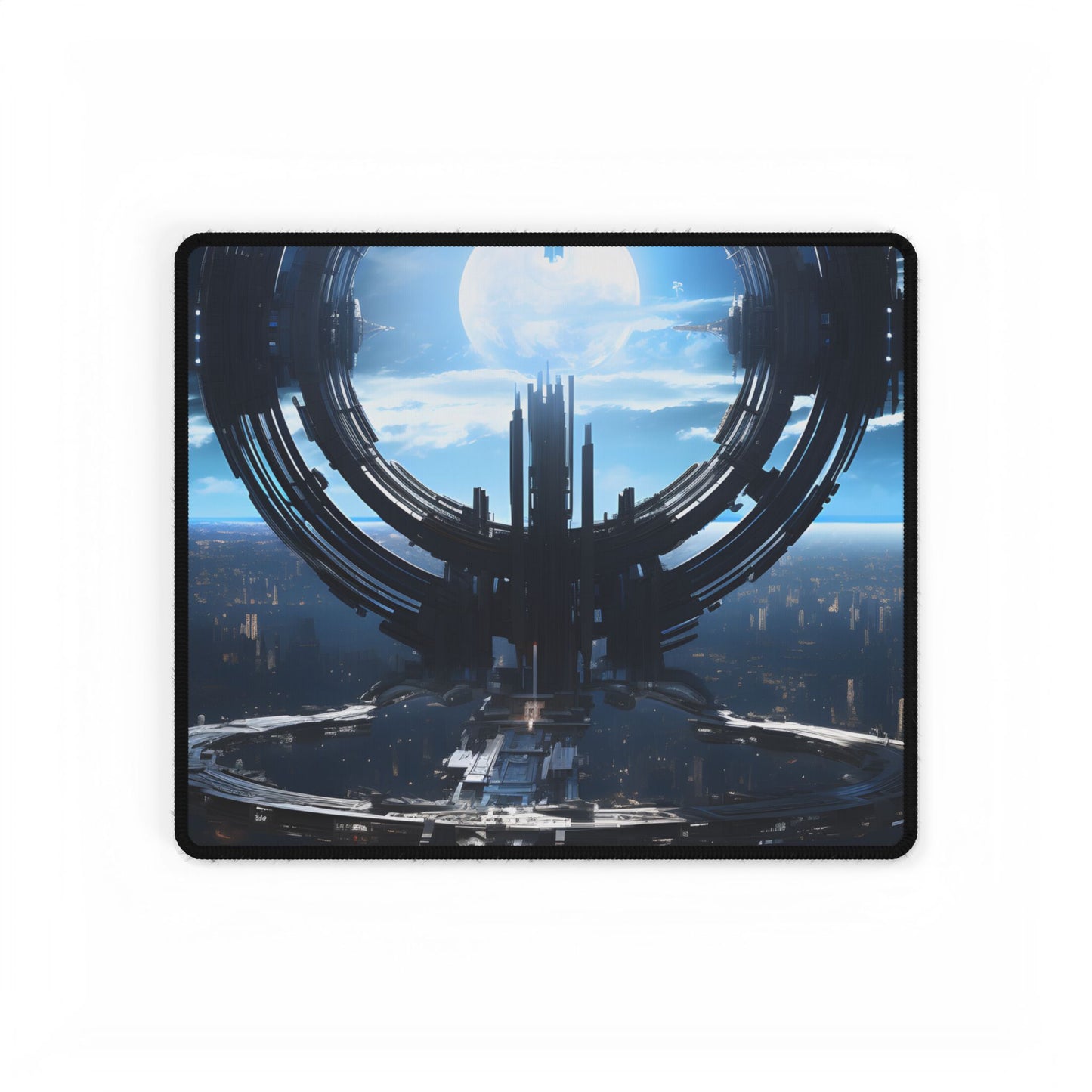 Futuristic Space Station: Orbiting Multimoon Planet Artwork - Desk Mat