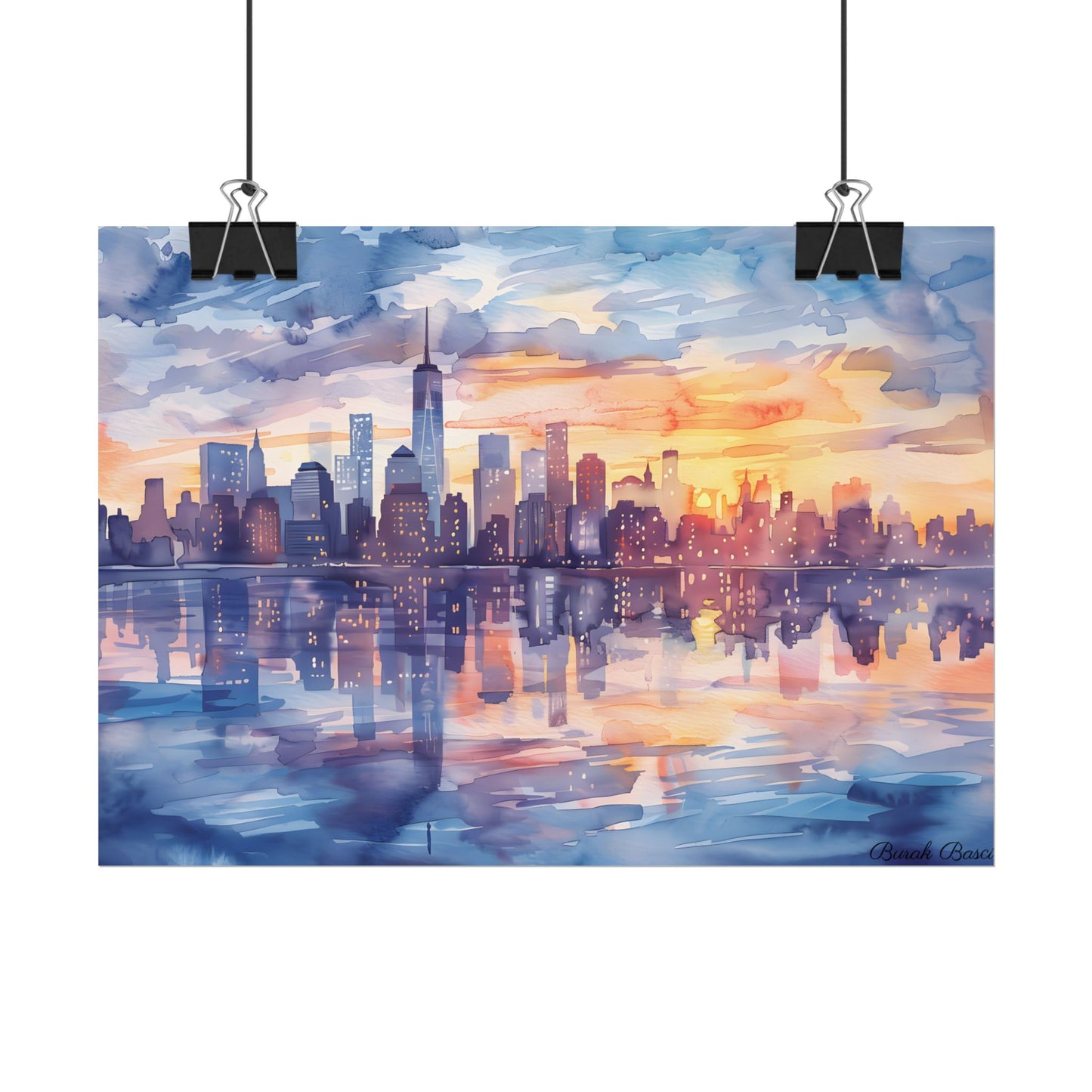 Watercolor New York City Sunset Skyline: Artistic NYC View - Poster