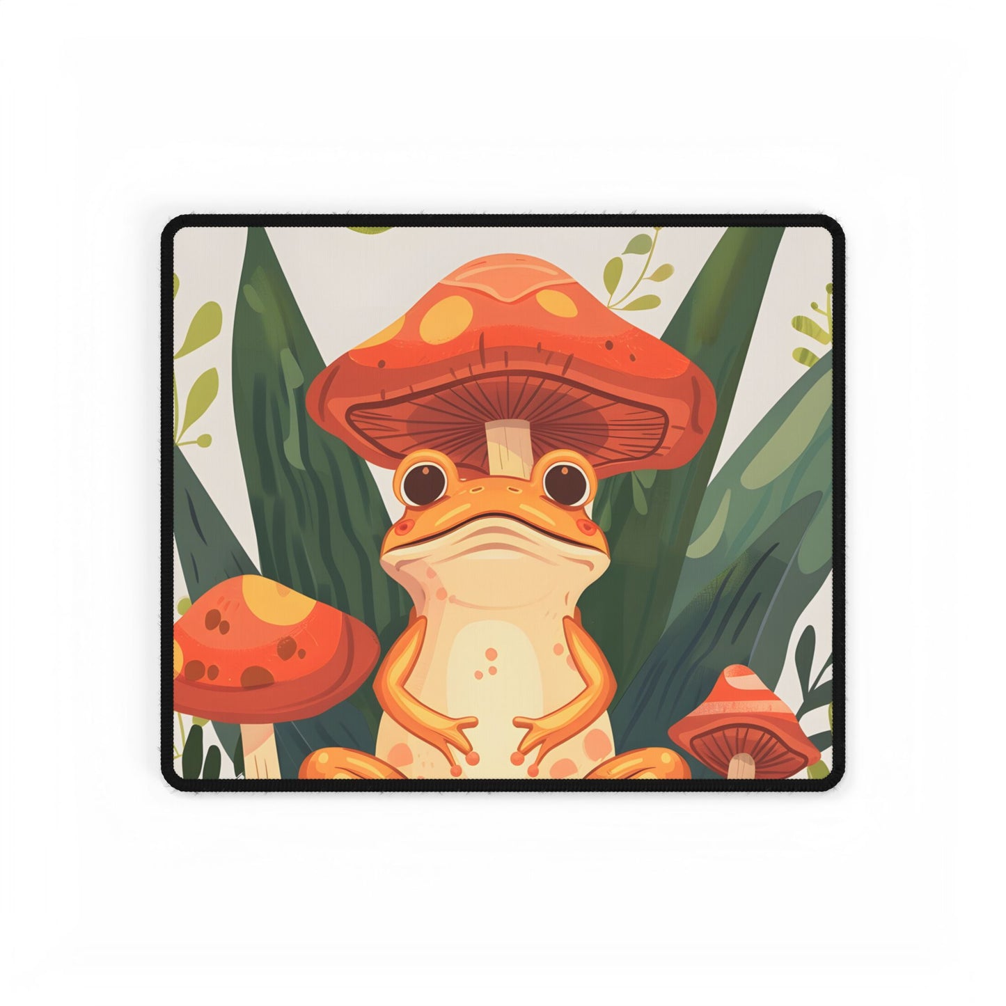 Retro Whimsy: Frog & Mushrooms in Close-Up Charm - Desk Mat