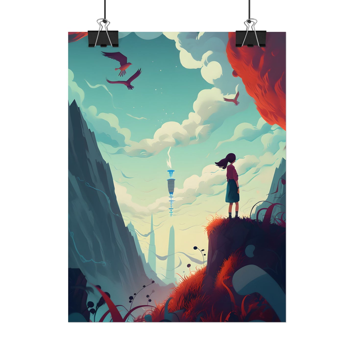Cloudy Meadow: Boy and Girl in Serene Nature Scene - Poster