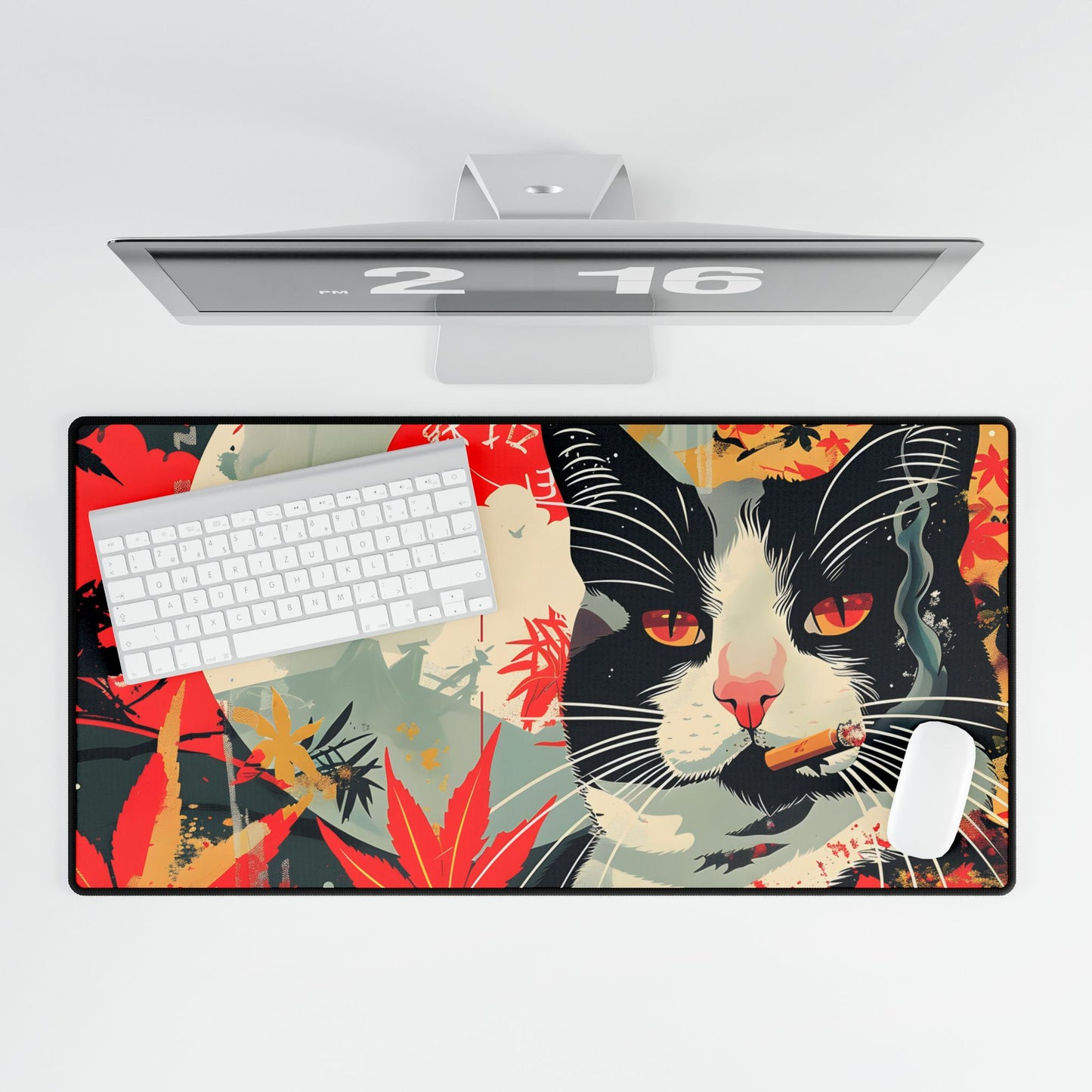 Realistic Tabby Cat with Cigarette: Unconventional Feline Fun - Desk Mat