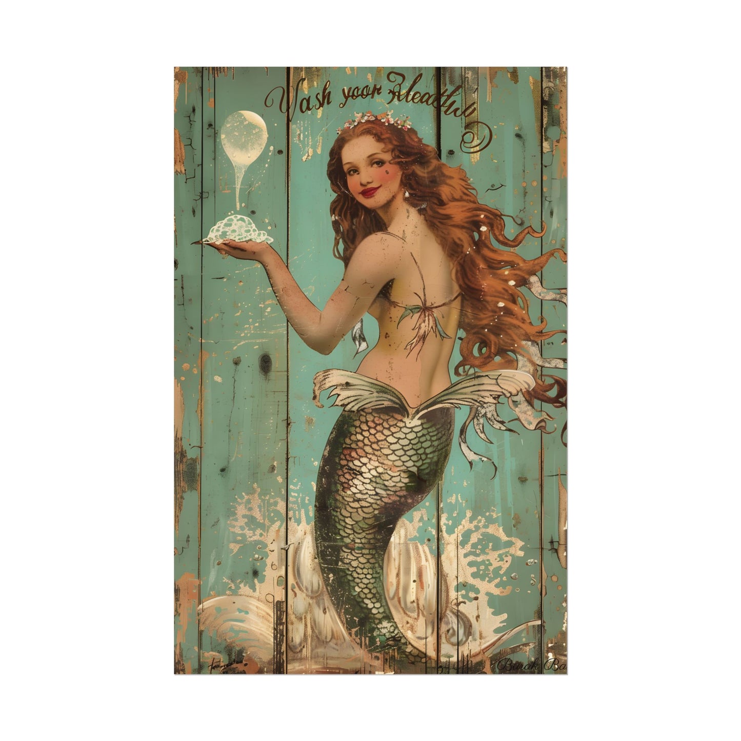 Whimsical Vintage Mermaid: A Soap Bubble Serenade - Poster