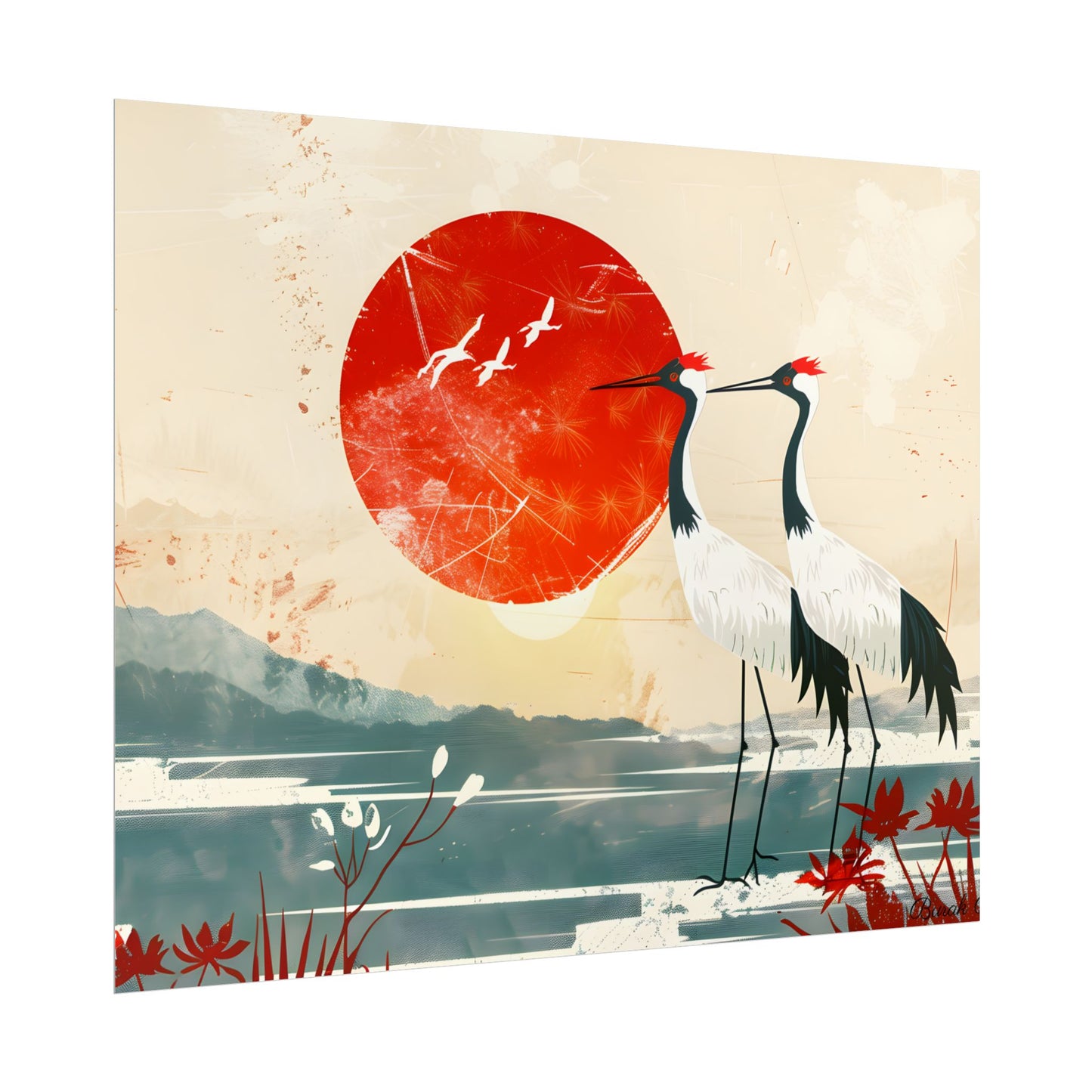 Serene Crane Landscape: Two Industrial Cranes in Nature - Poster