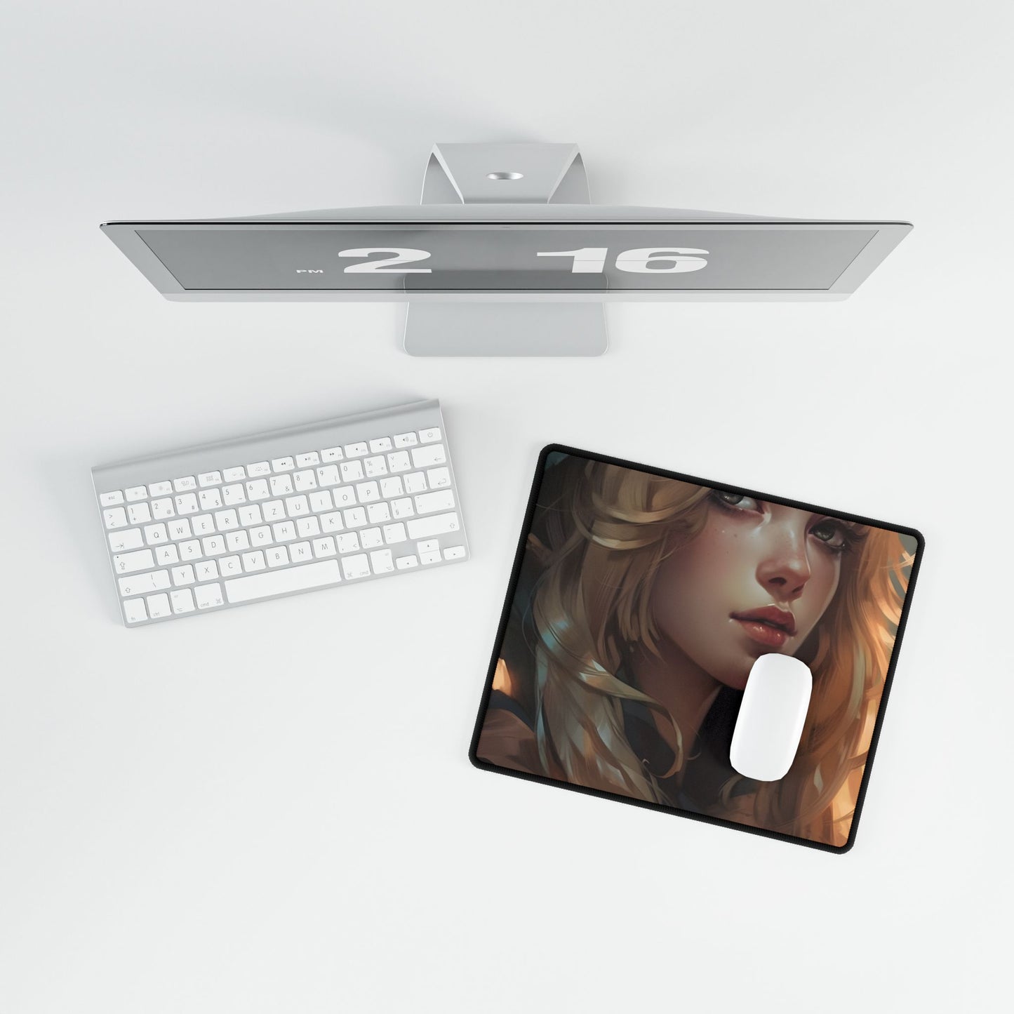 Timeless Blonde Portrait: Elegant Woman in White Background - Desk Mat