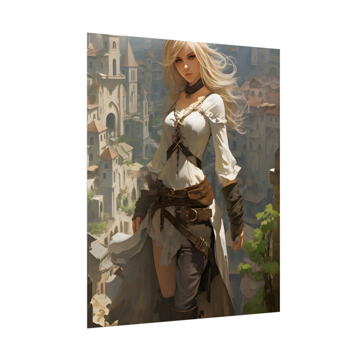 Anime Bird's Eye View Portrait: Blonde Beauty in Motion - Poster