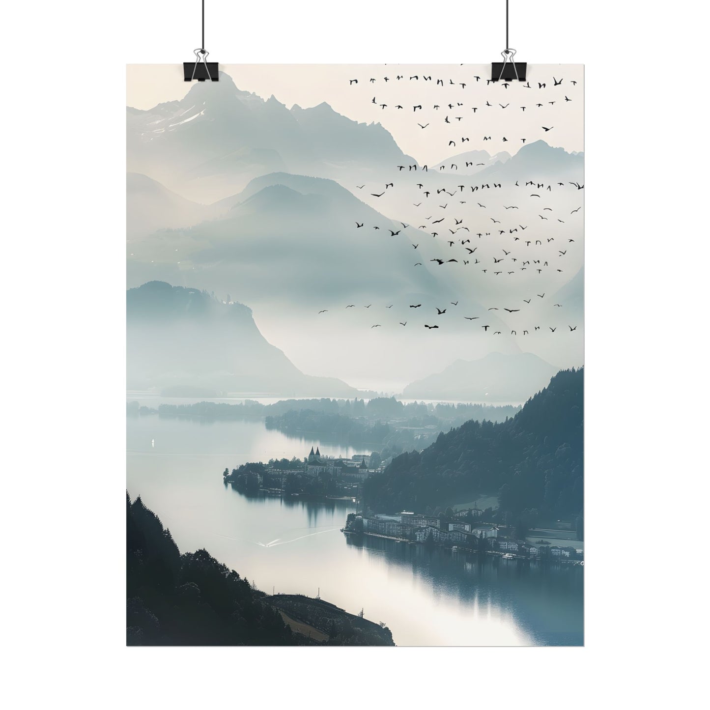 Serene Mountain Landscape: Bird's Eye View Art - Poster