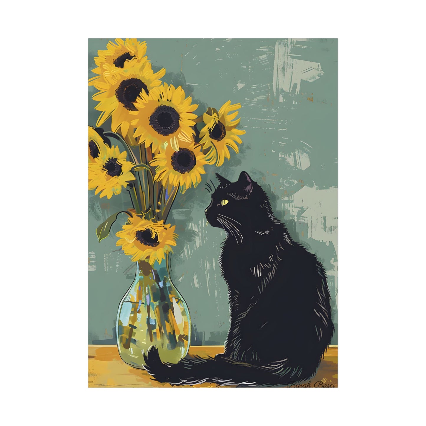 Whispers in the Sun: A Black Cat's Serene Moment with Sunflowers - Poster