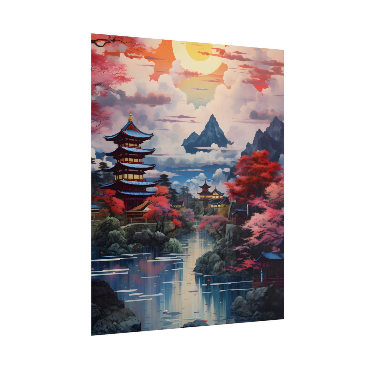 Wonderful Japanese River Scene with Serene Flowers - Poster