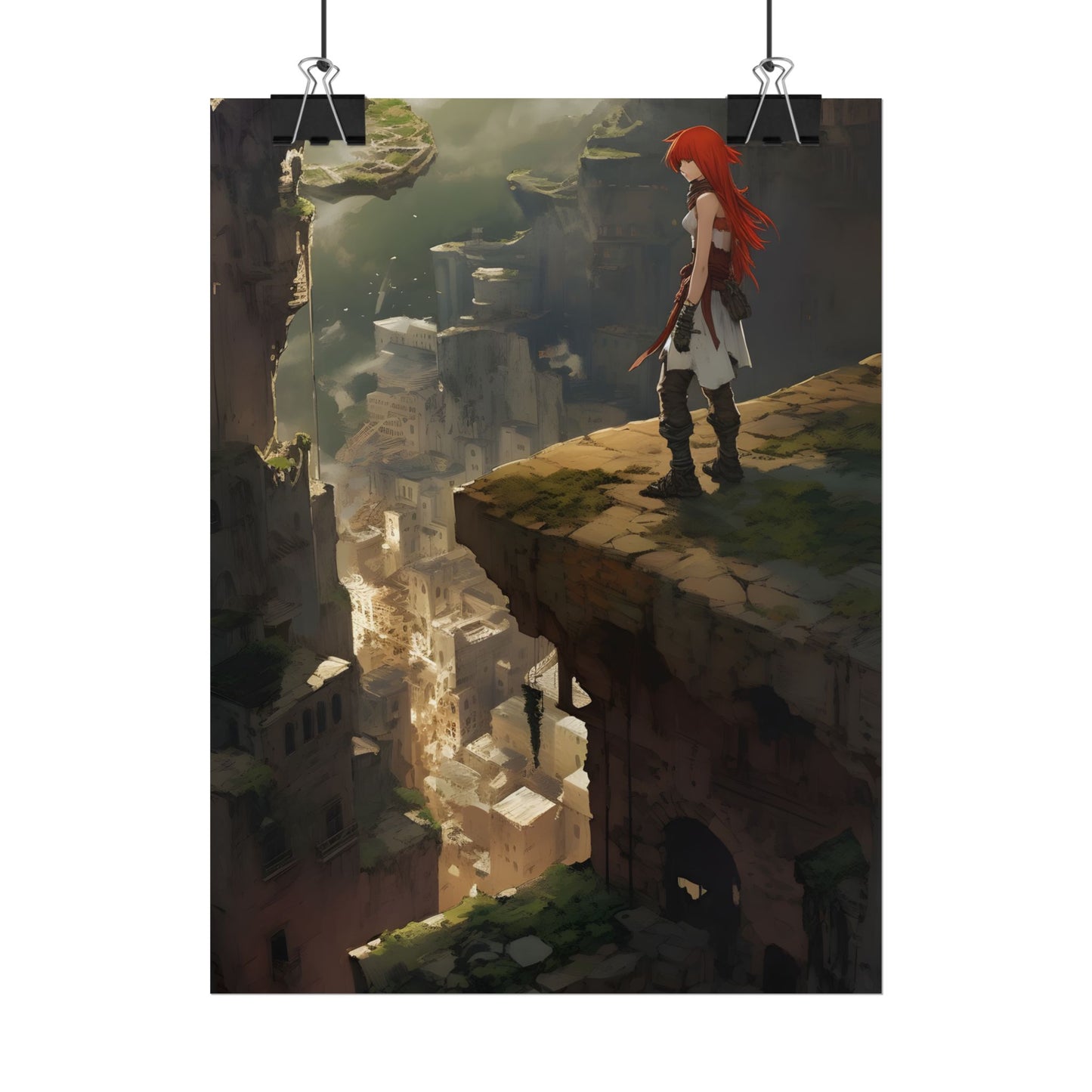 Anime Birds Eye View: Red Haired Female in Action Fantasy Scene - Poster