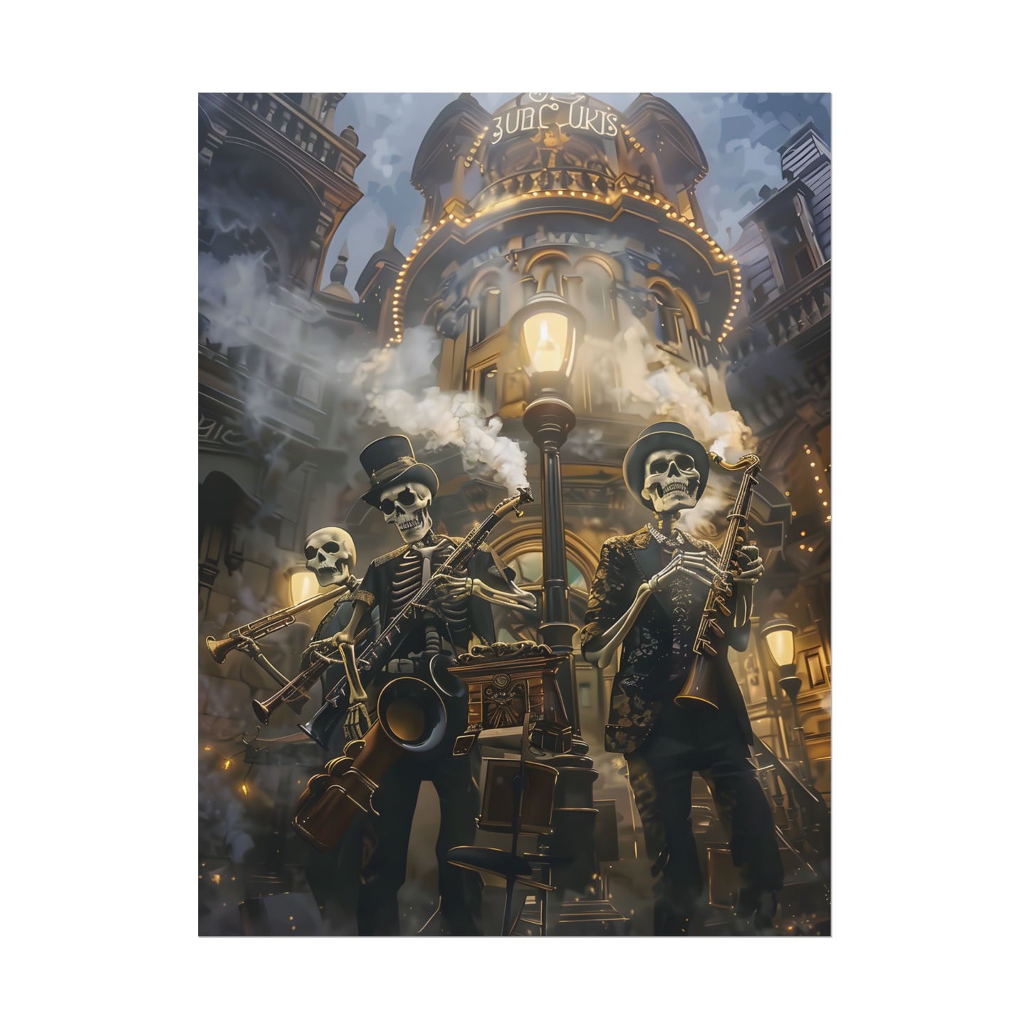 Victorian Skeleton Jazz Band: Nostalgic Lowbrow Art Piece - Poster