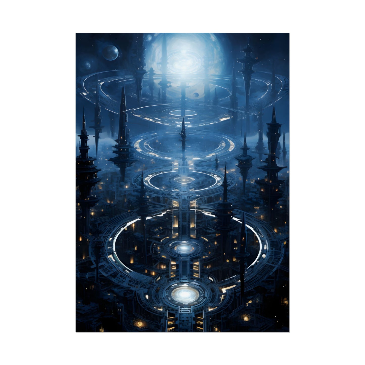 Aetherial Space Station: Galactic Hub in Vibrant Blue Nebula - Poster