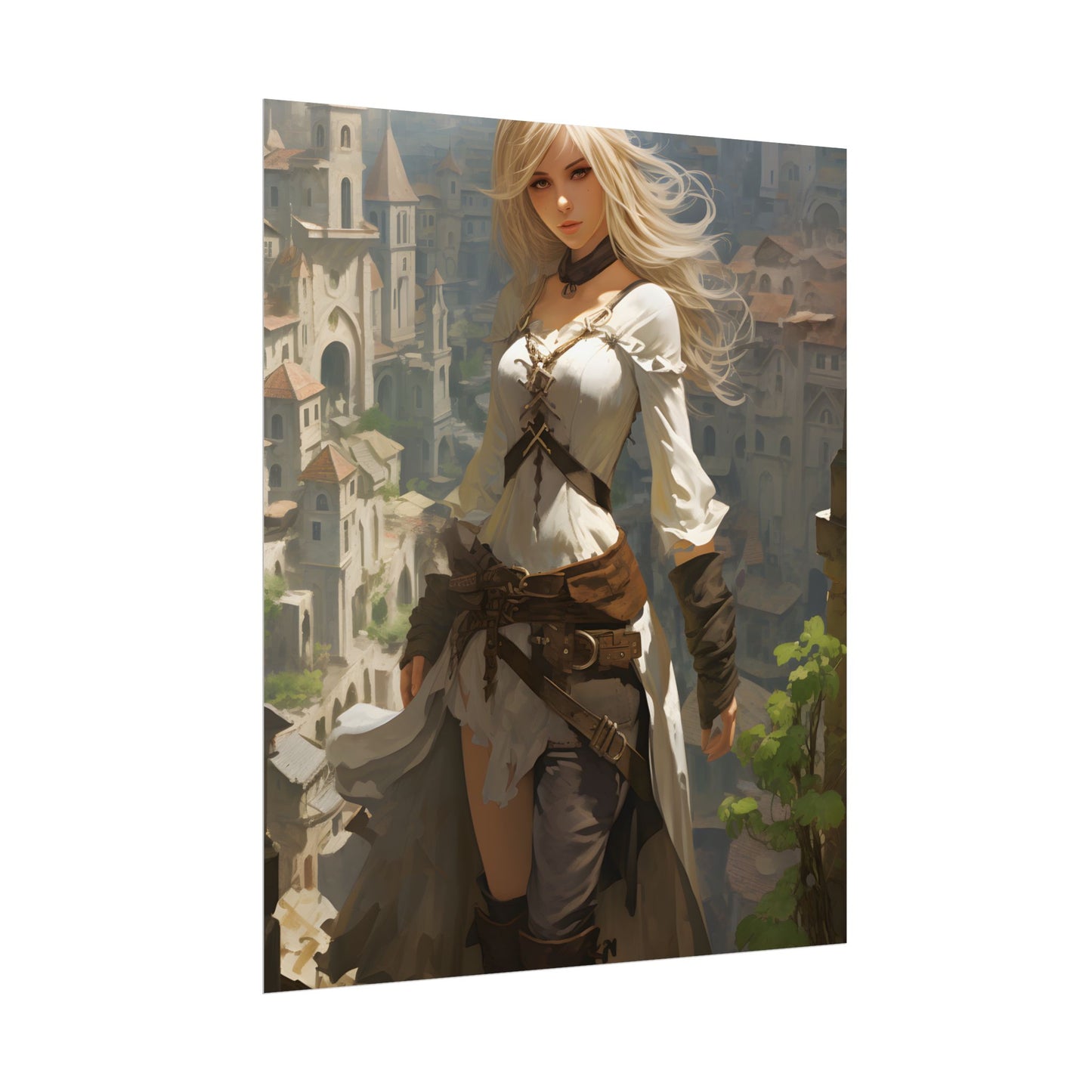 Anime Bird's Eye View Portrait: Blonde Beauty in Motion - Poster