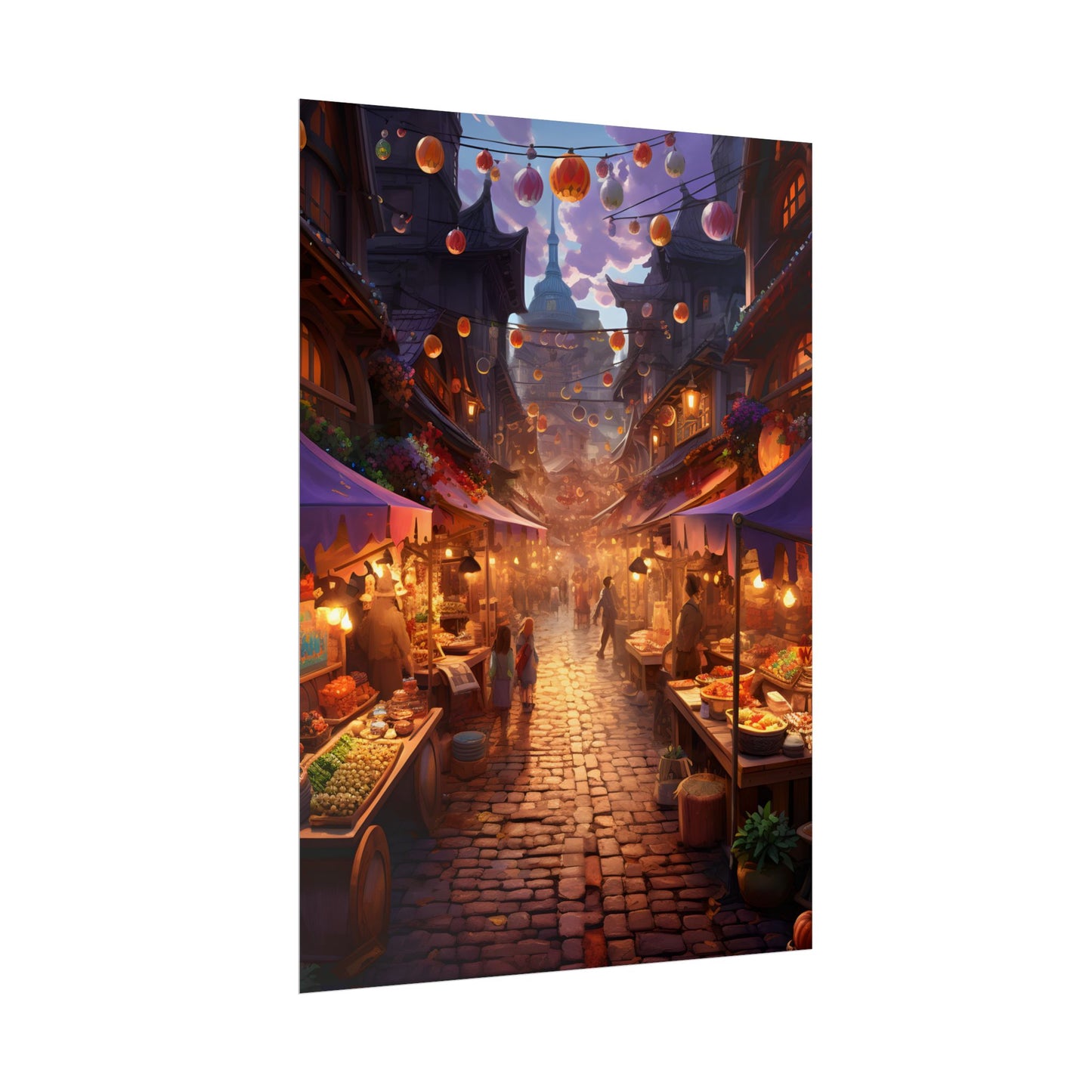 Magical Street Food Market: Vibrant Enchanted Scene Art - Poster