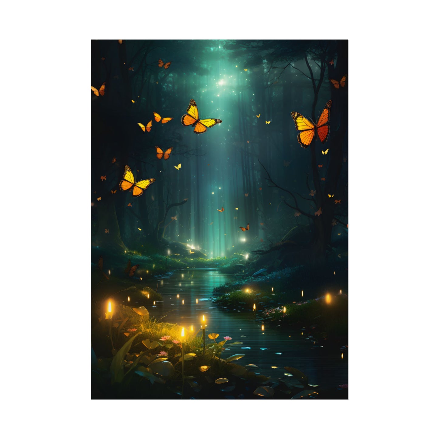 Fantasy Night Bokeh Artwork: Glowing Fog Forest Painting - Poster