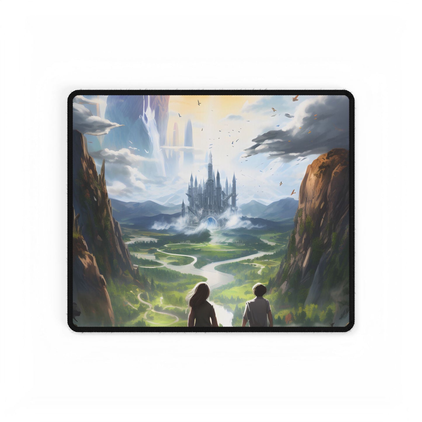Girl and Boy in Serene Meadow: A Moment on Cloudy Hill - Desk Mat
