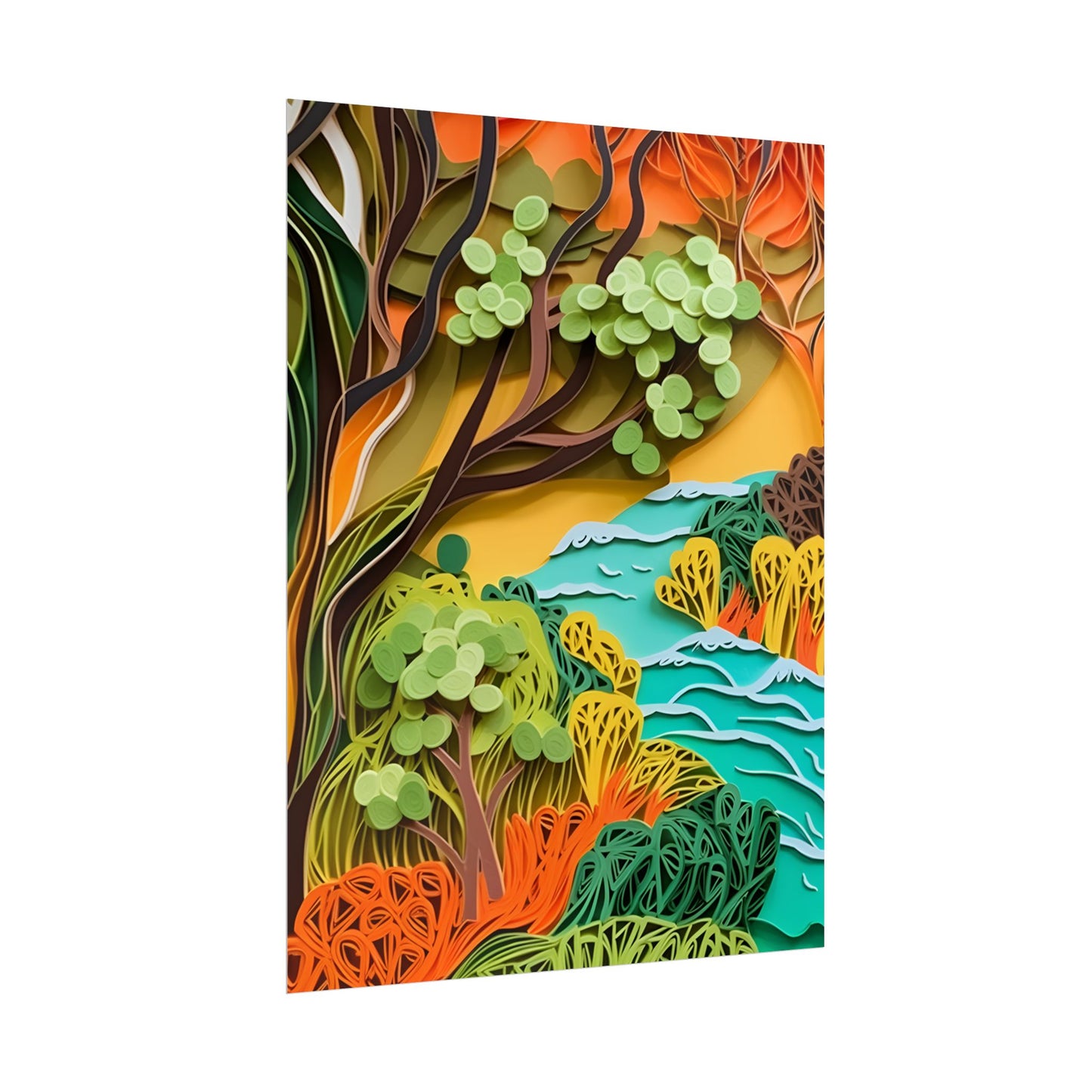 African Paper Quilled Landscape: Artwork in Brown and Green - Poster