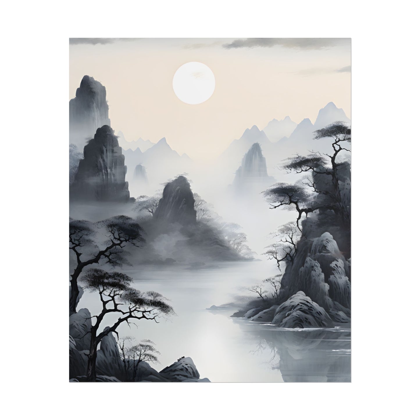 Chinese Ink Serenity: Mirrored Lakes Landscape Art - Poster