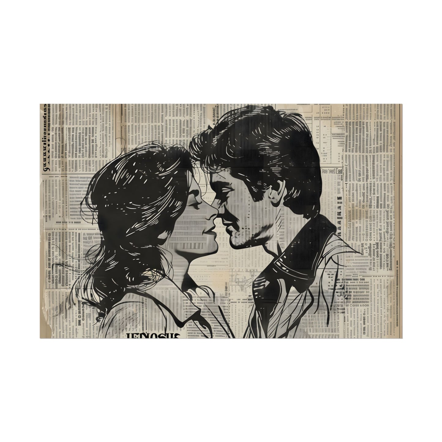 Vintage Romance Couples: Timeless Newsprint Art - Poster