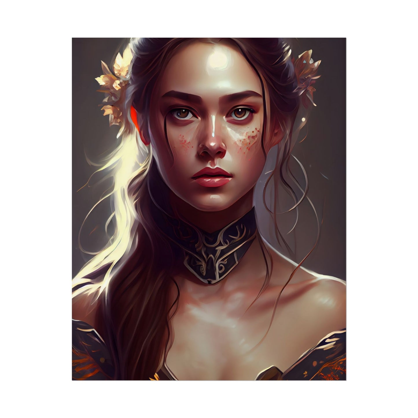 Stunning Female Portrait: Brown Hair Artwork in a Dramatic Style - Poster