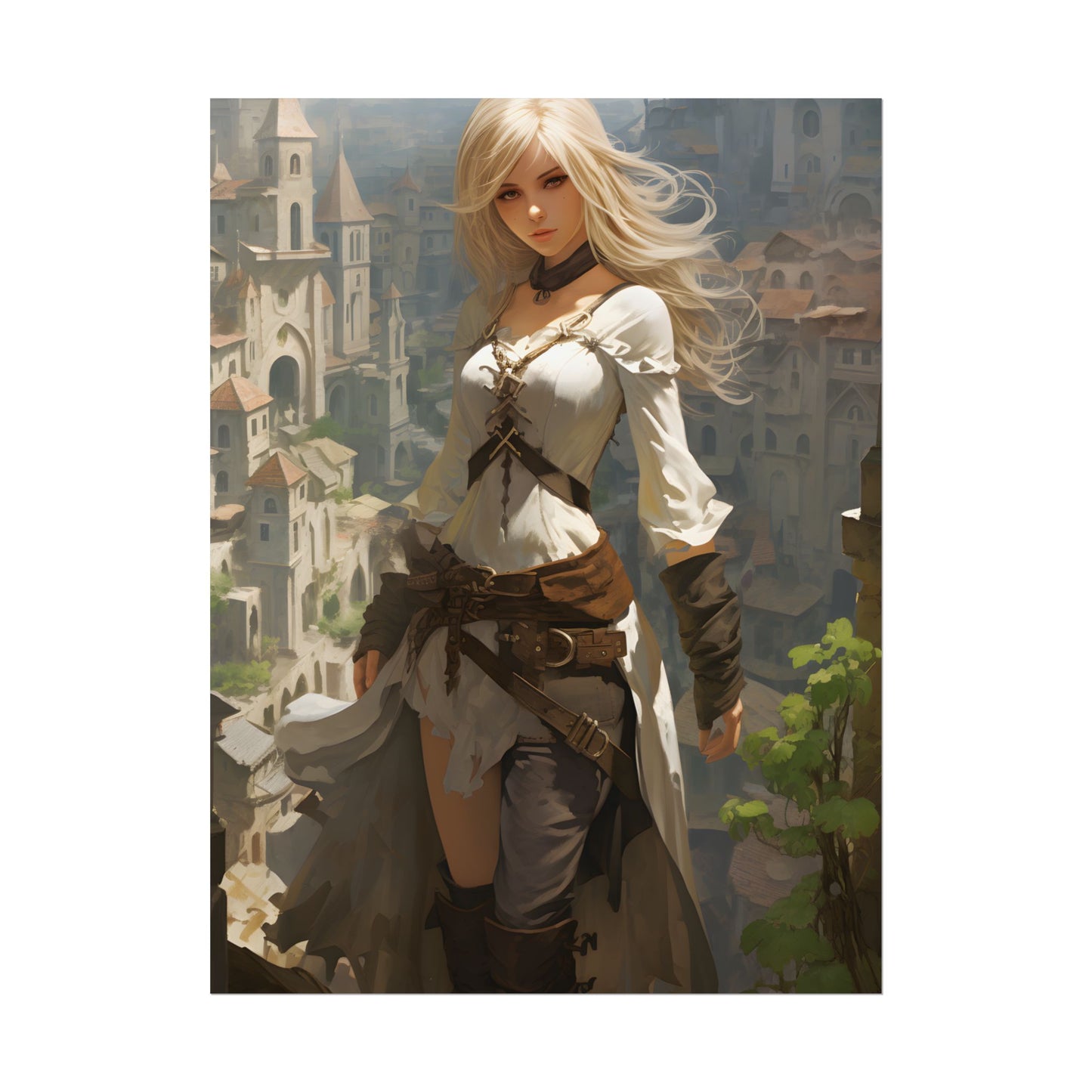 Anime Bird's Eye View Portrait: Blonde Beauty in Motion - Poster