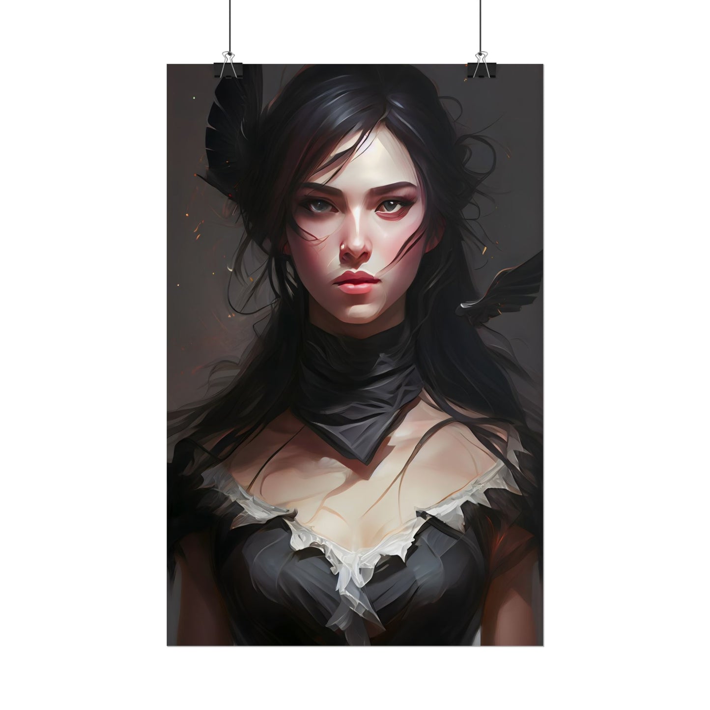 Female Portrait: Black Hair Artwork in Dark Background - Poster