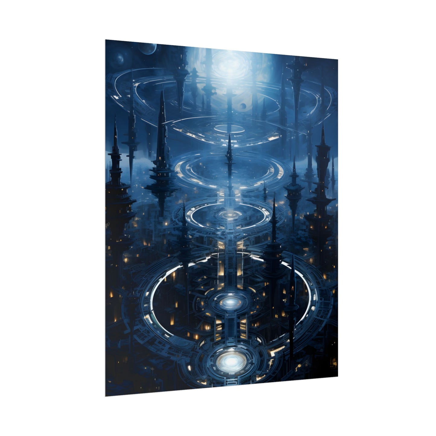 Aetherial Space Station: Galactic Hub in Vibrant Blue Nebula - Poster
