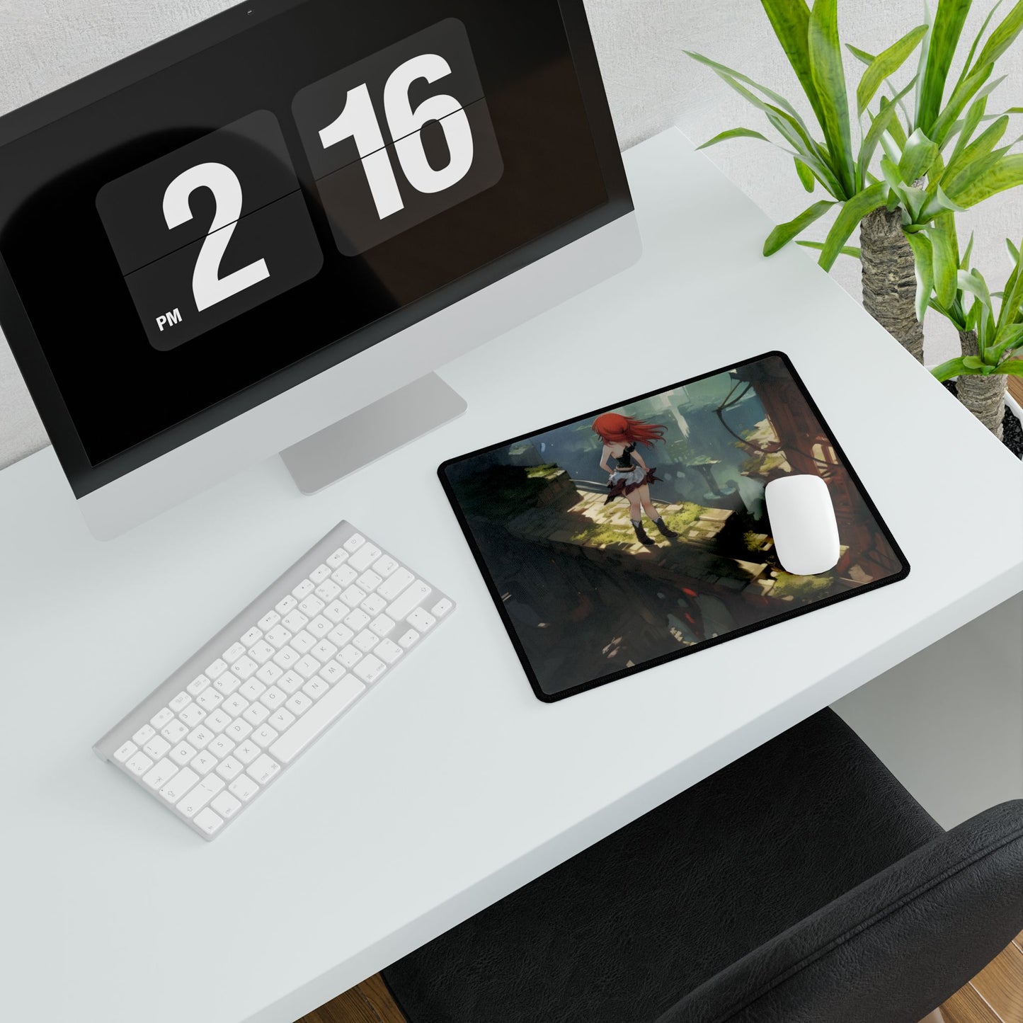 Dramatic Birds Eye View: Anime Red Haired Art in Flight - Desk Mat