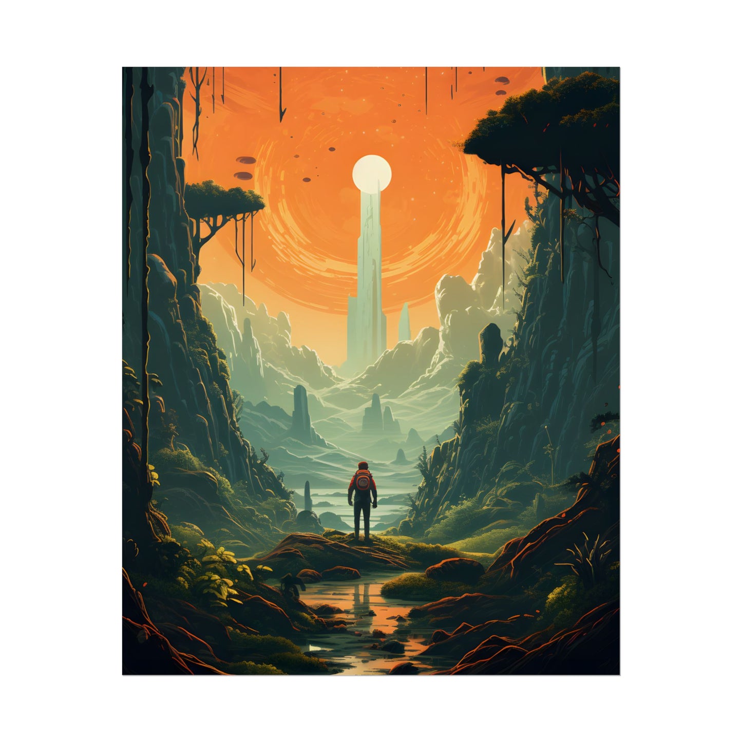 Futuristic Wilderness Explorer: Solo Discovery in Sci-Fi Terrain - Poster