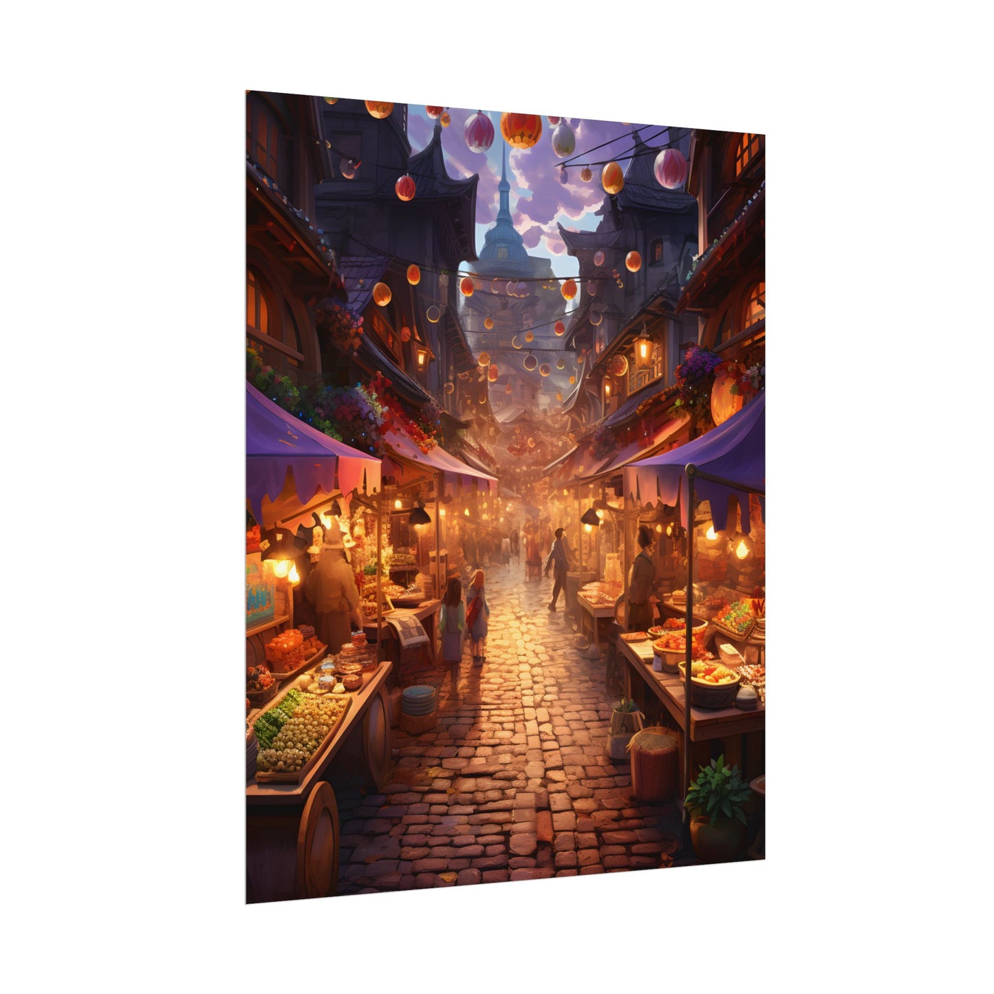 Magical Street Food Market: Vibrant Enchanted Scene Art - Poster