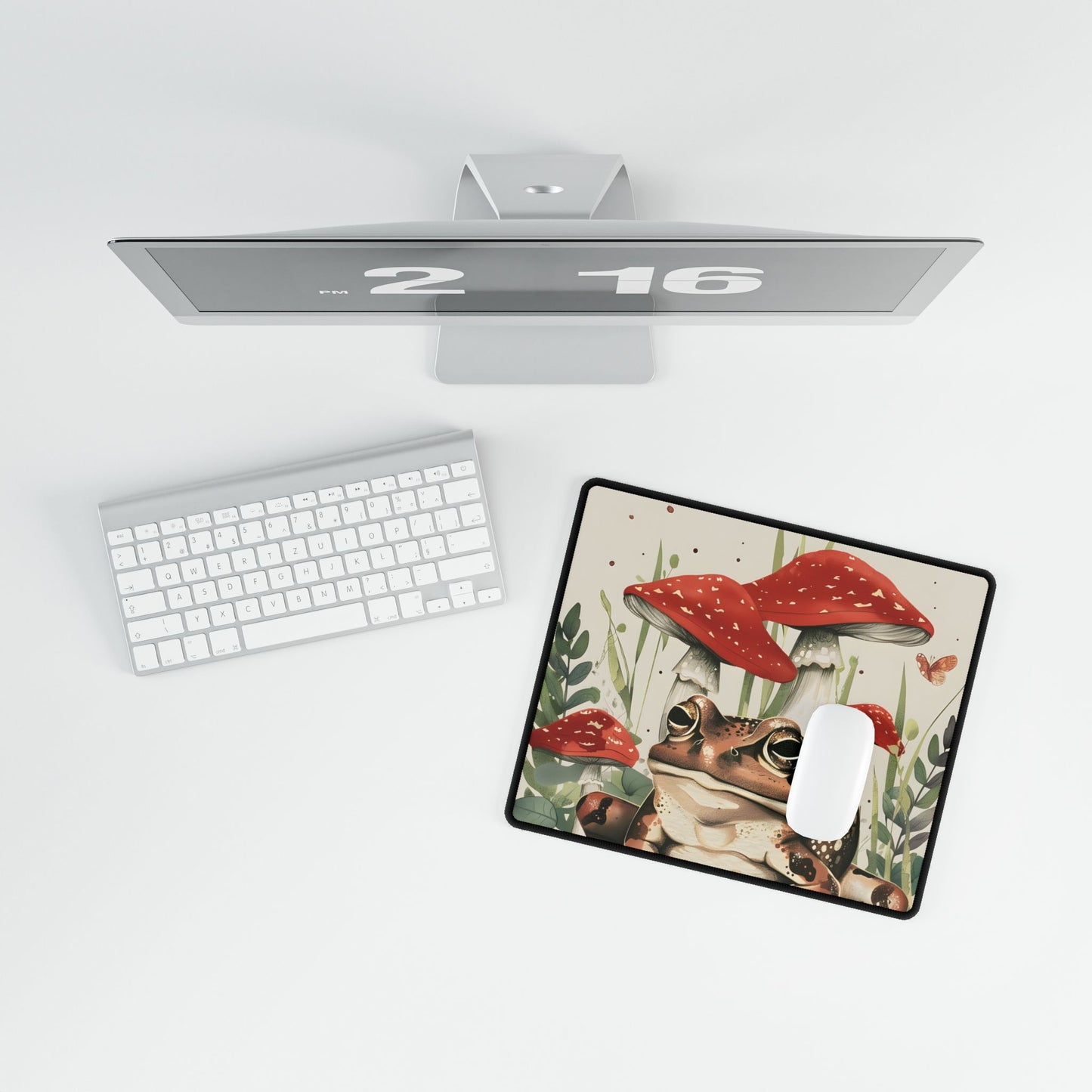 Retro Frog Smile: Colorful Mushroom Friends - Desk Mat