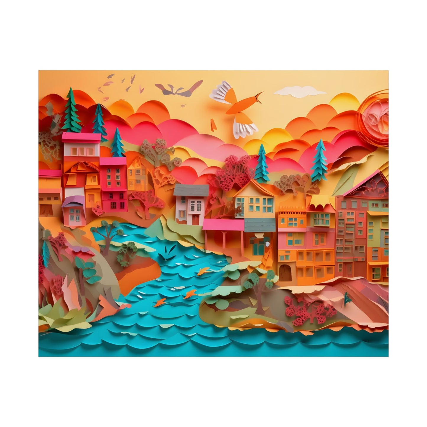 Magical Beach Quill: Vibrant Paper Art of Tropical Paradise - Poster