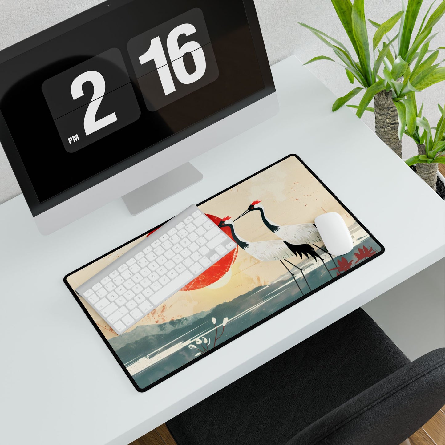 Serene Crane Landscape: Two Industrial Cranes in Nature - Desk Mat