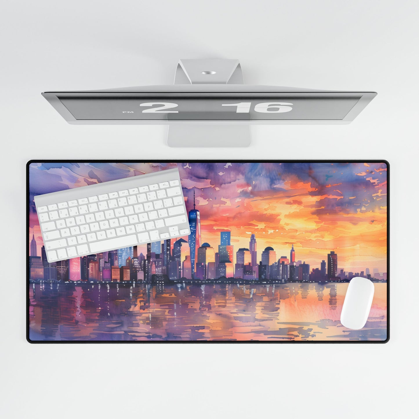 Serene NYC Sunset: Watercolor Skyline Reflections - Desk Mat