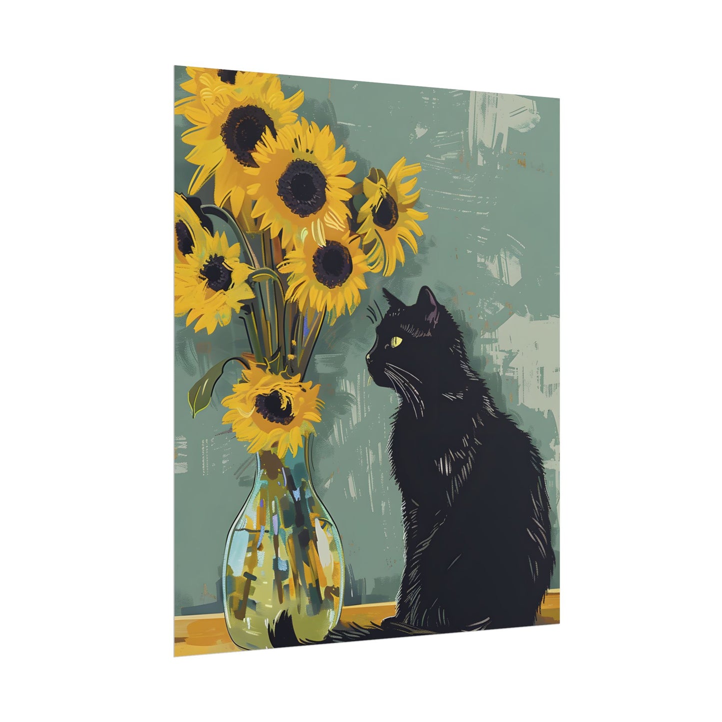 Whispers in the Sun: A Black Cat's Serene Moment with Sunflowers - Poster