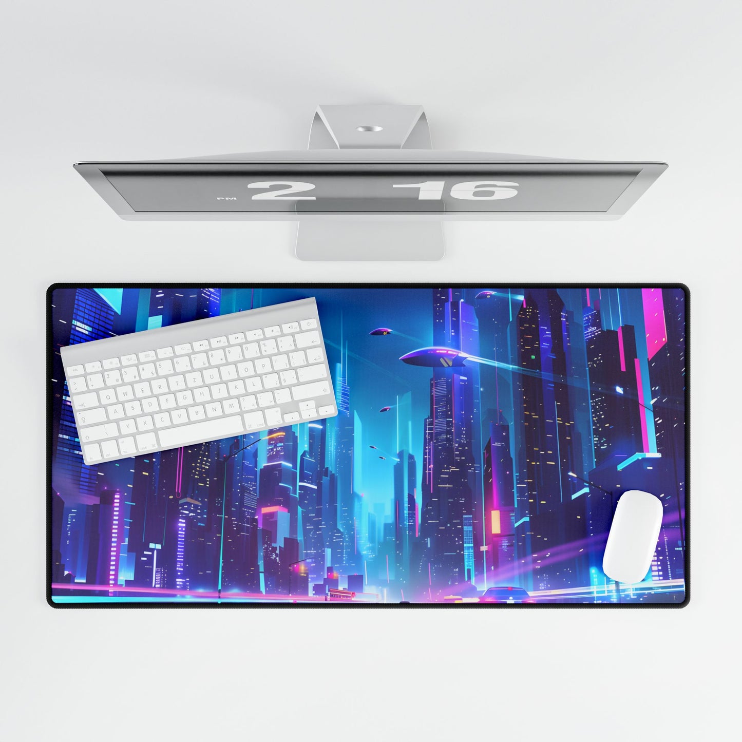 Futuristic Neon City: Towering Skyscrapers in a Vibrant Nighttime Sky - Desk Mat