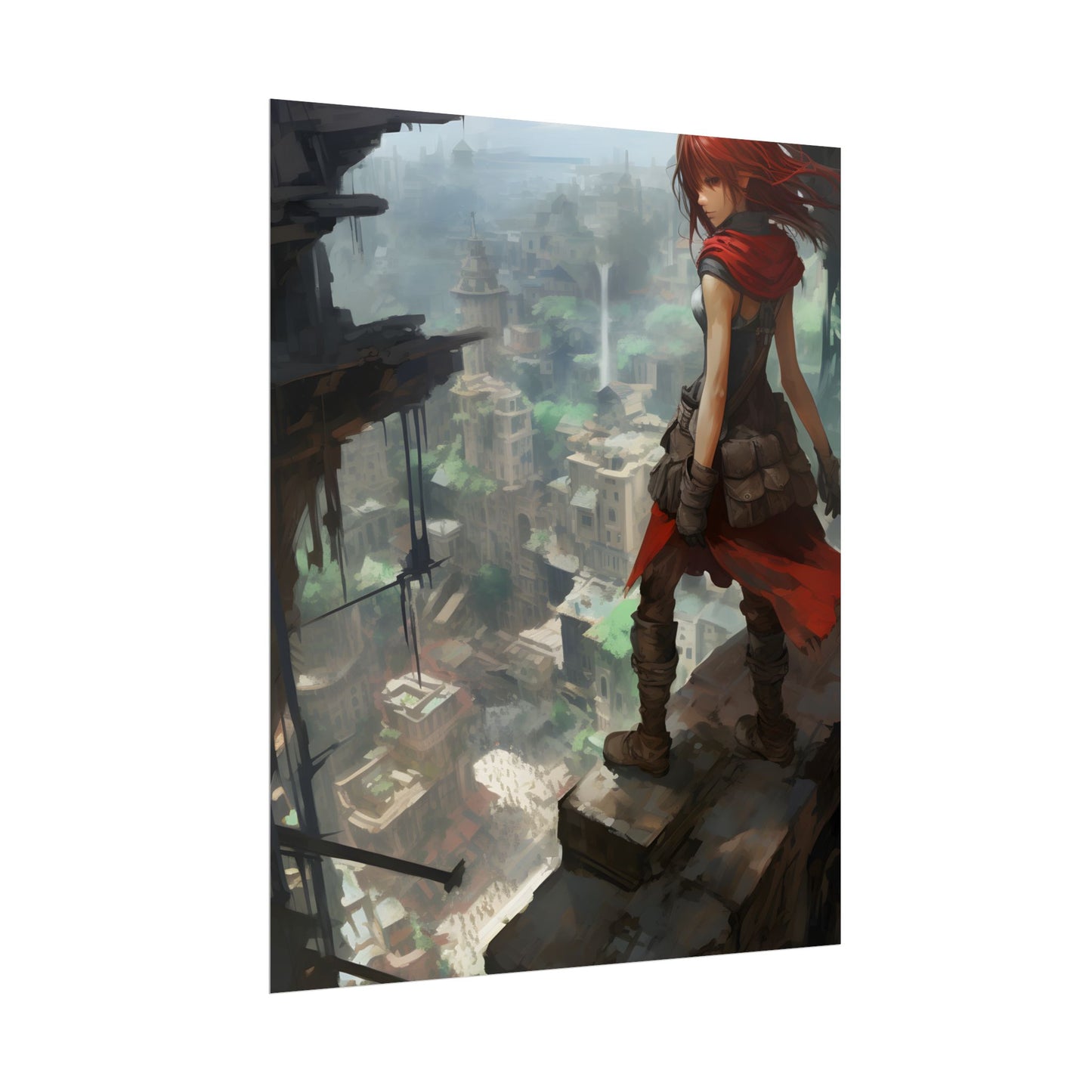 Dramatic Anime Bird's Eye View: Red Haired Heroine in Flight - Poster