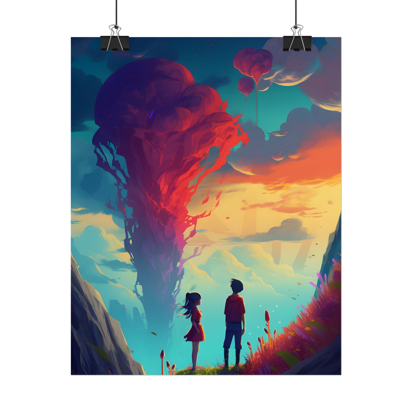 Peaceful Meadow Moment: A Girl and a Boy in Nature - Poster