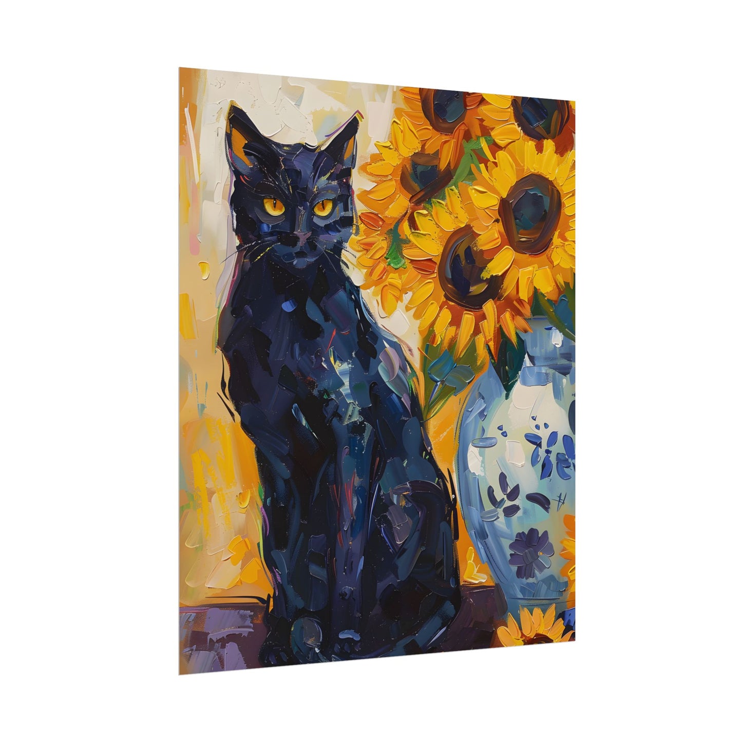 Whiskers by Sunshine: Black Cat in a Blooming Garden - Poster