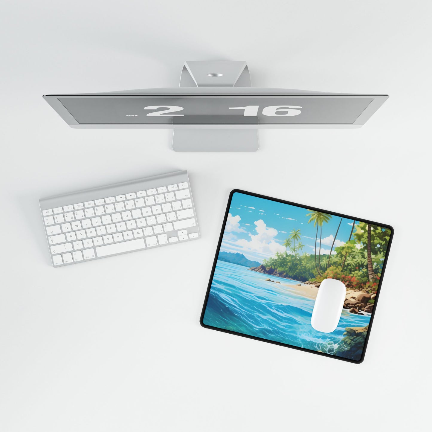 Tropical Island Serenity: Tranquil Sandy Beach with Palm Trees - Desk Mat