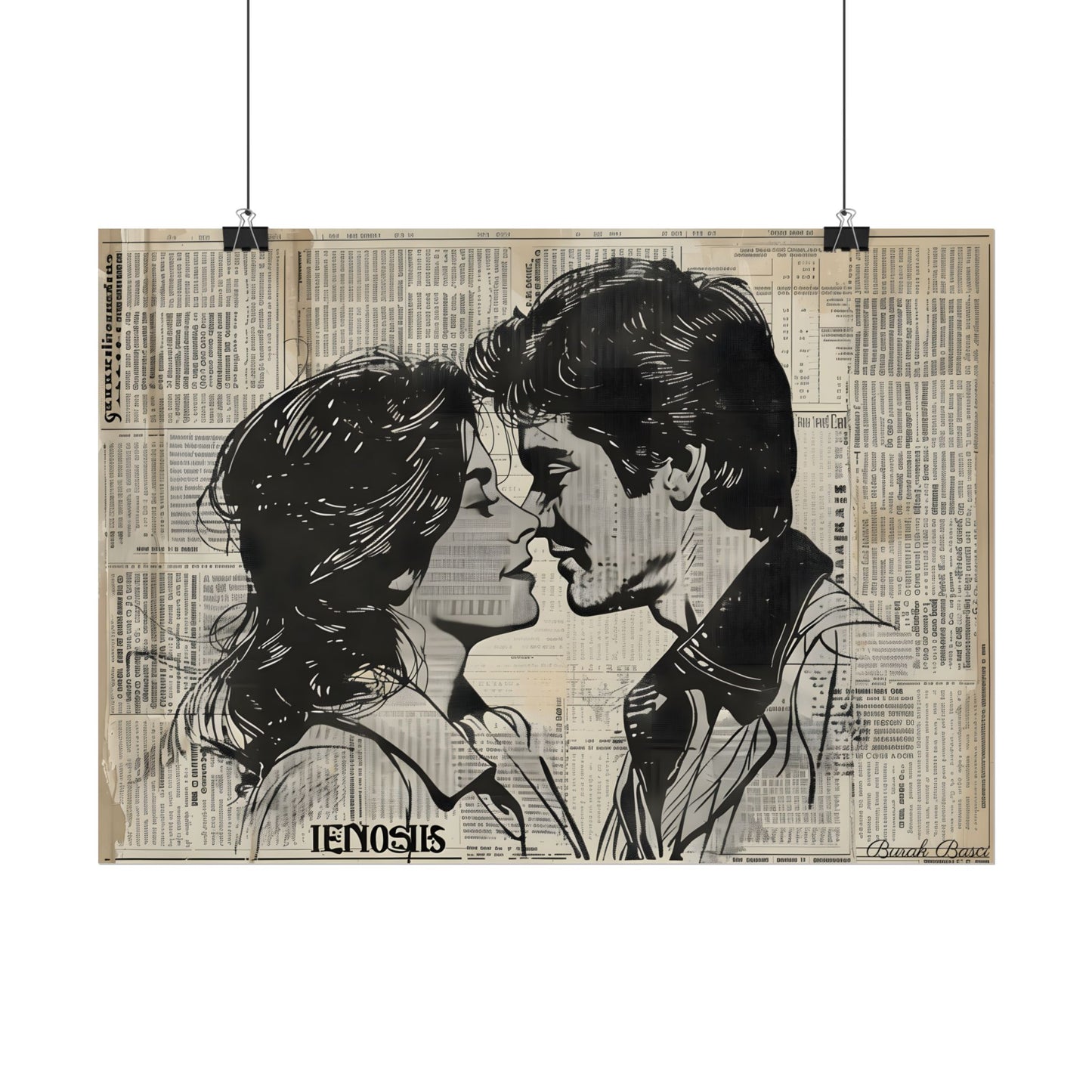 Vintage Romance Couples: Timeless Newsprint Art - Poster