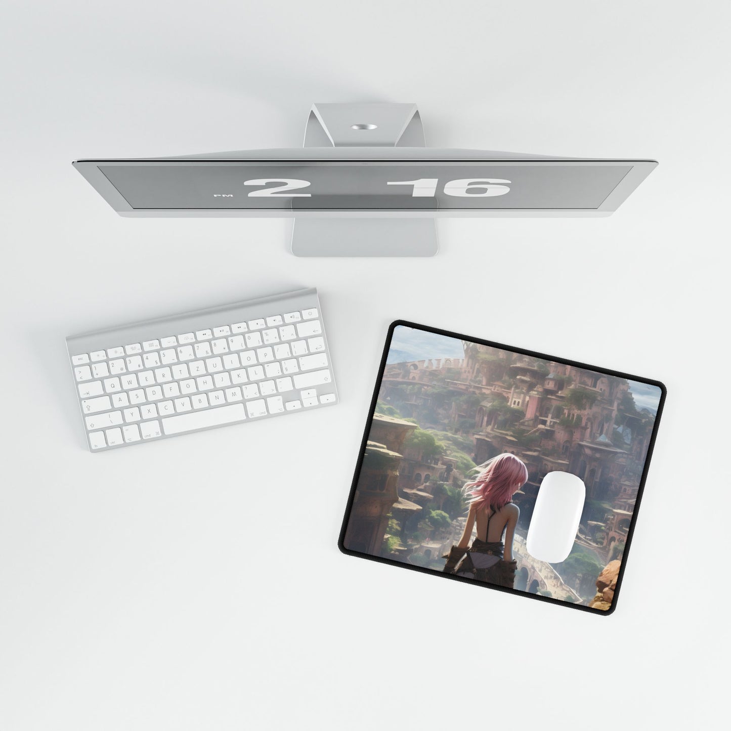 Dramatic Birds Eye View Anime Art: Digital Artwork in Flight - Desk Mat