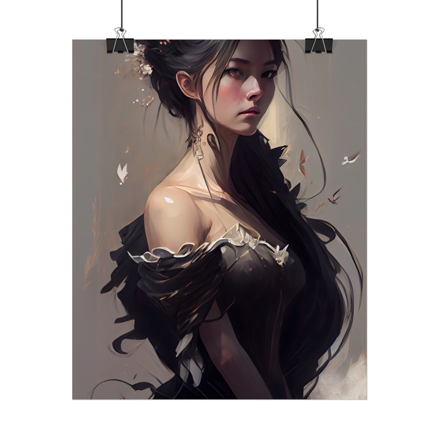 Elegant Black Hair Portrait: Beautiful Female in Dress Art - Poster
