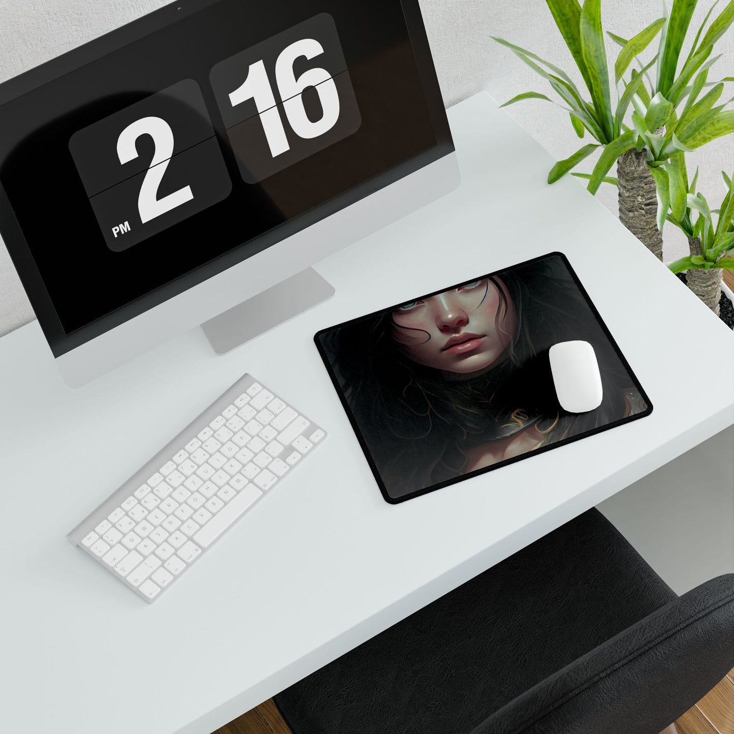 Vibrant Red Portrait: Dynamic Female Artwork - Desk Mat