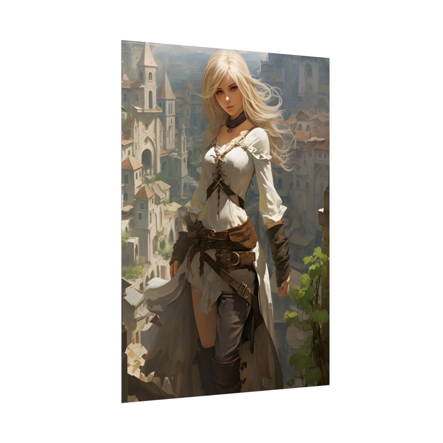 Anime Bird's Eye View Portrait: Blonde Beauty in Motion - Poster