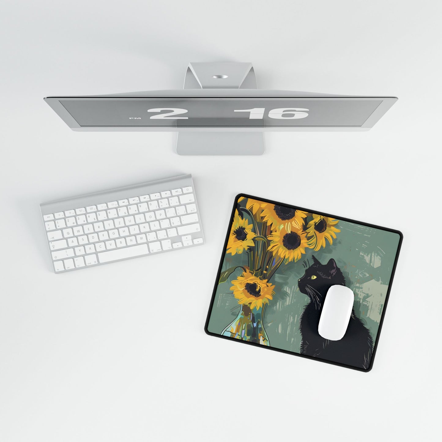 Whispers in the Sun: A Black Cat's Serene Moment with Sunflowers - Desk Mat